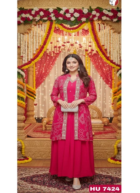 HU 7424 By Af Chinnon Chiffon Wholesale Jacket With Flared Gown In India